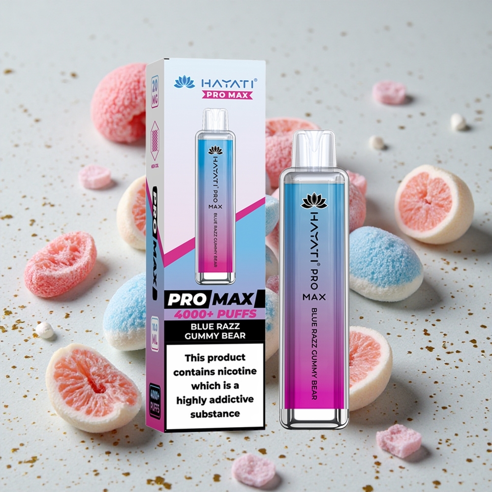 Hayati Pro Max 4000 Puffs Jednorázová Vape Modrá Malina Gumový Medvídek Rechargeable battery LED light at the bottom
