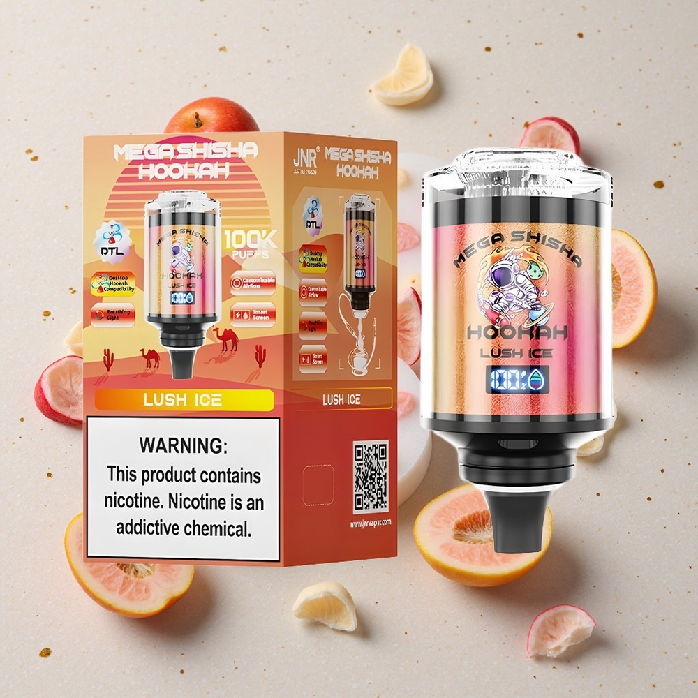 JNR Mega Shisha Hookah 100K Puffs Lush Ledová příchuť Interaktivní Chytrá Obrazovka Nastavitelný Průtok Vzduchu