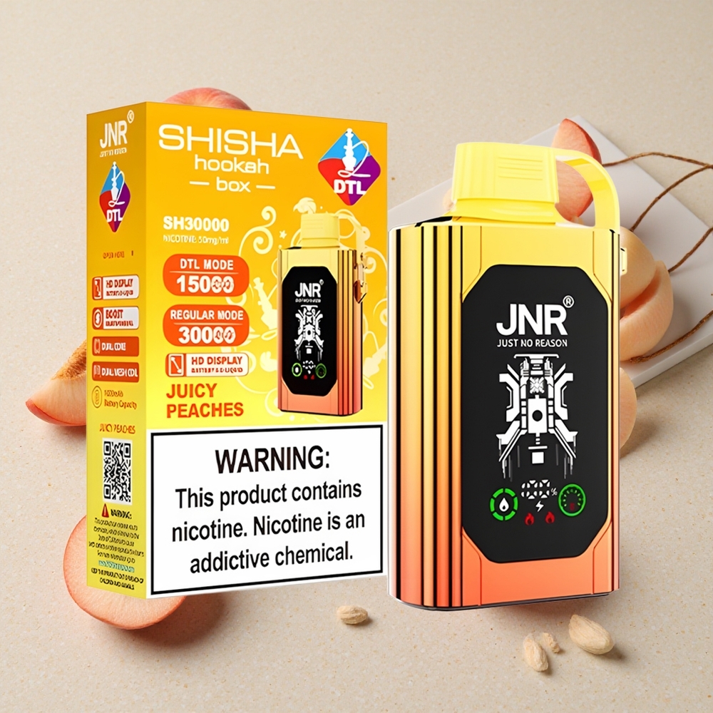 JNR Shisha Hookah Box 20500 Puffs 25ml Šťavnaté Broskev Jednorázová Vape HD Display Dvojitá síťová cívka a dvojité jádro