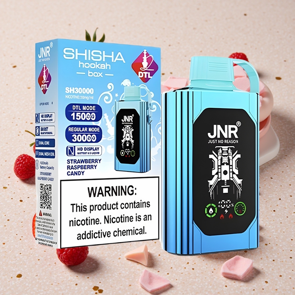 JNR Shisha Hookah Box 20500 Puffs Disposable Jahoda Malina Cukroví HD Displej Dvojité Síťové Cívky & Dvojité Jádro
